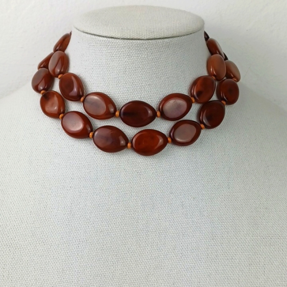 Vintage Style Burnt Carmel DBL Layer Glass Bead Choker Necklace - Picture 7 of 14